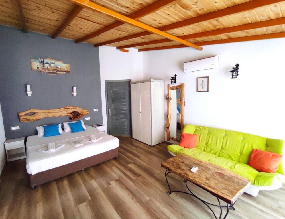 卡斯Likya SUP Apart的客厅配有绿色沙发和床。