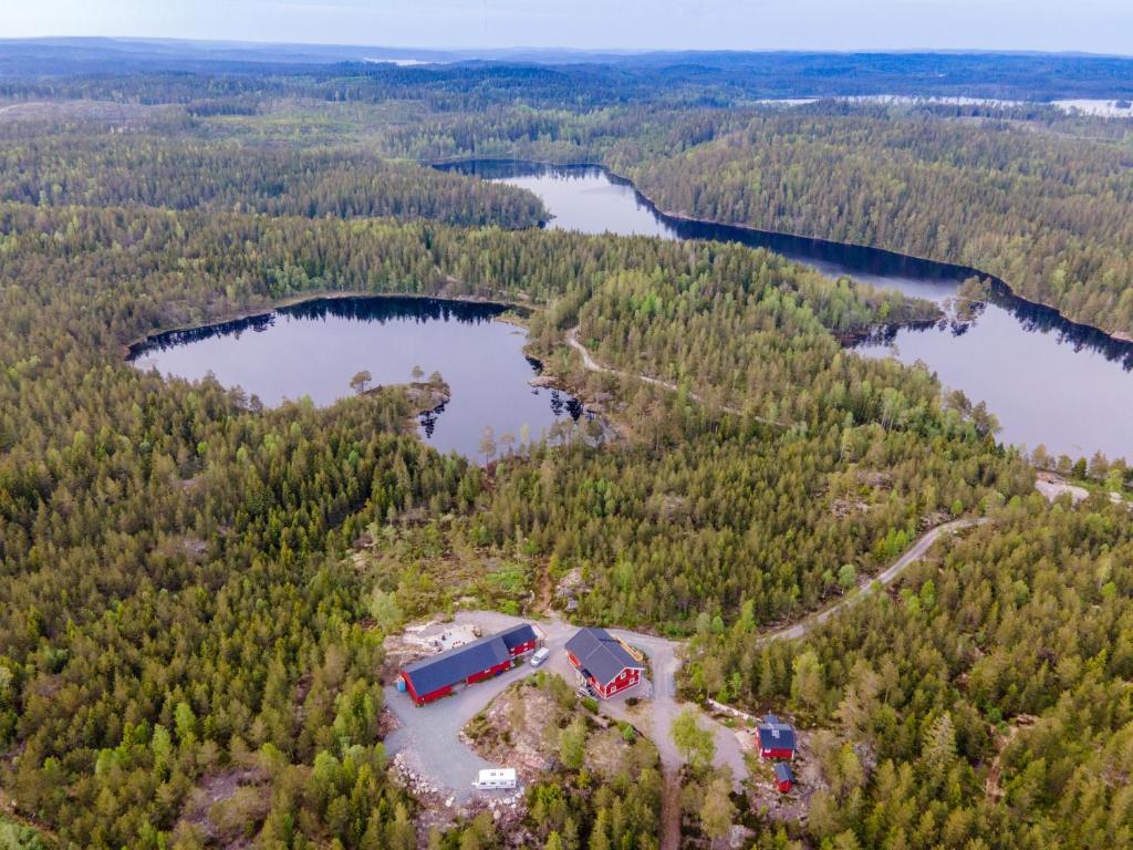 BäckeforsLillesjö stuguthyrning的湖畔森林中房屋的空中景观