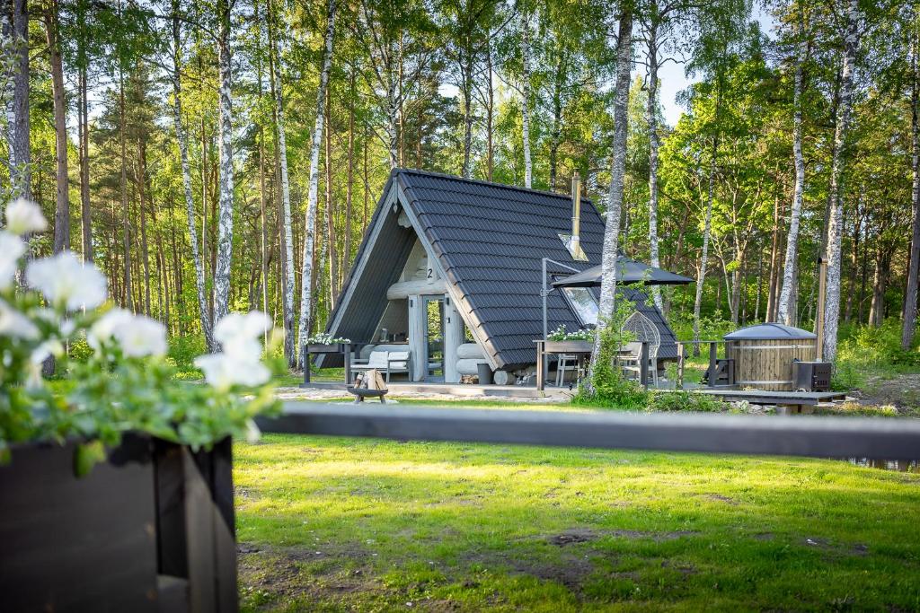 PaslepaNordicstay Noarootsi Saunahouse的木头上设有黑色屋顶的小屋