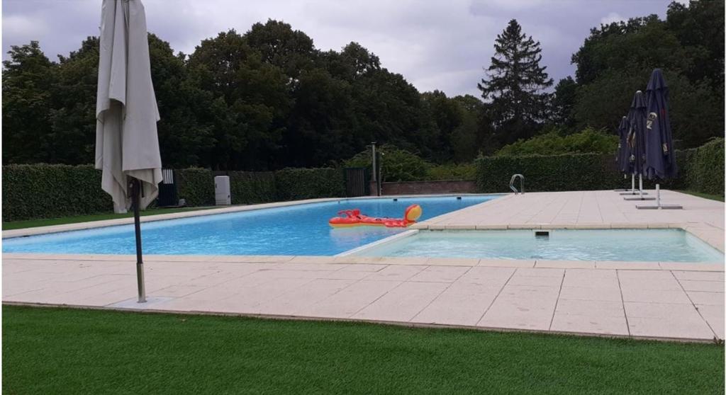 杜柏Zonnig Appartement Golf van Durbuy的一个带遮阳伞和充气式的大型游泳池