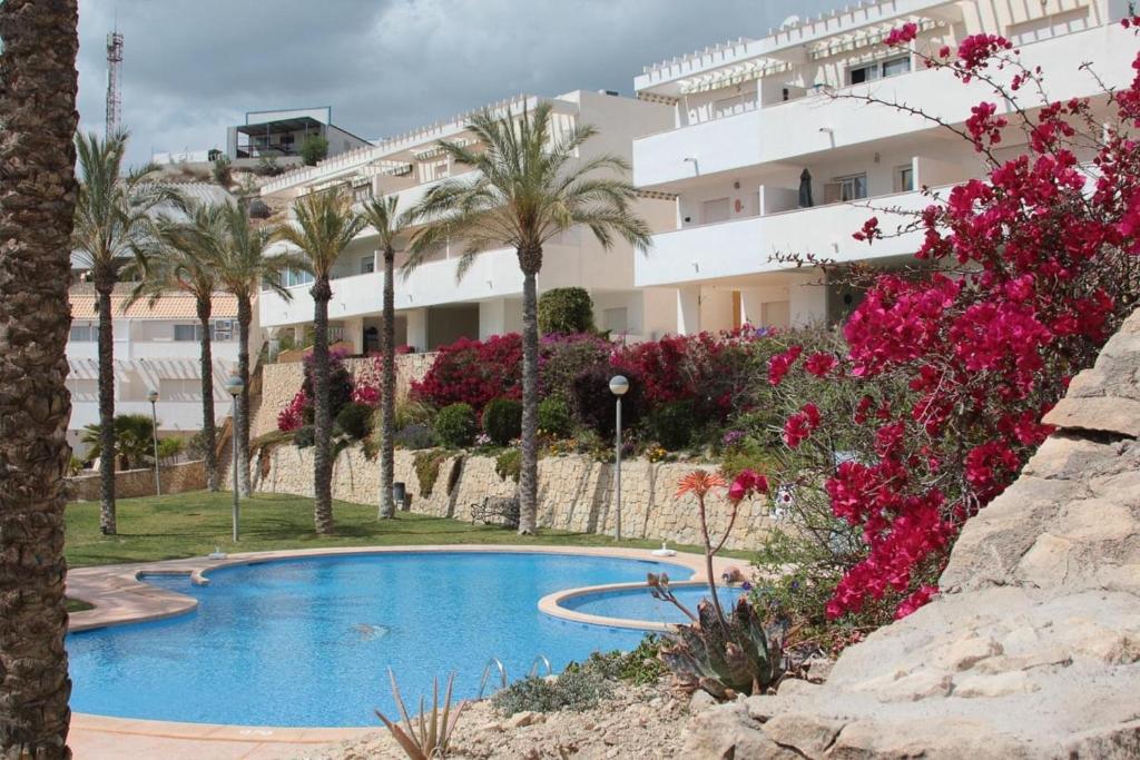 RelleuCasa Mediterranea的度假村设有游泳池,种植了棕榈树和粉红色的鲜花