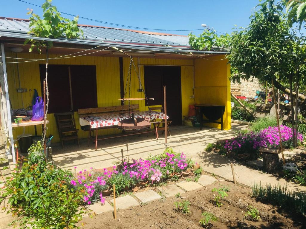 卡瓦尔纳Бунгало- Bungalow的院子里的黄色房子,鲜花盛开