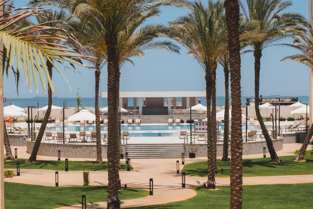 塞得港Palma Hotel的享有游泳池和度假村棕榈树的景致。