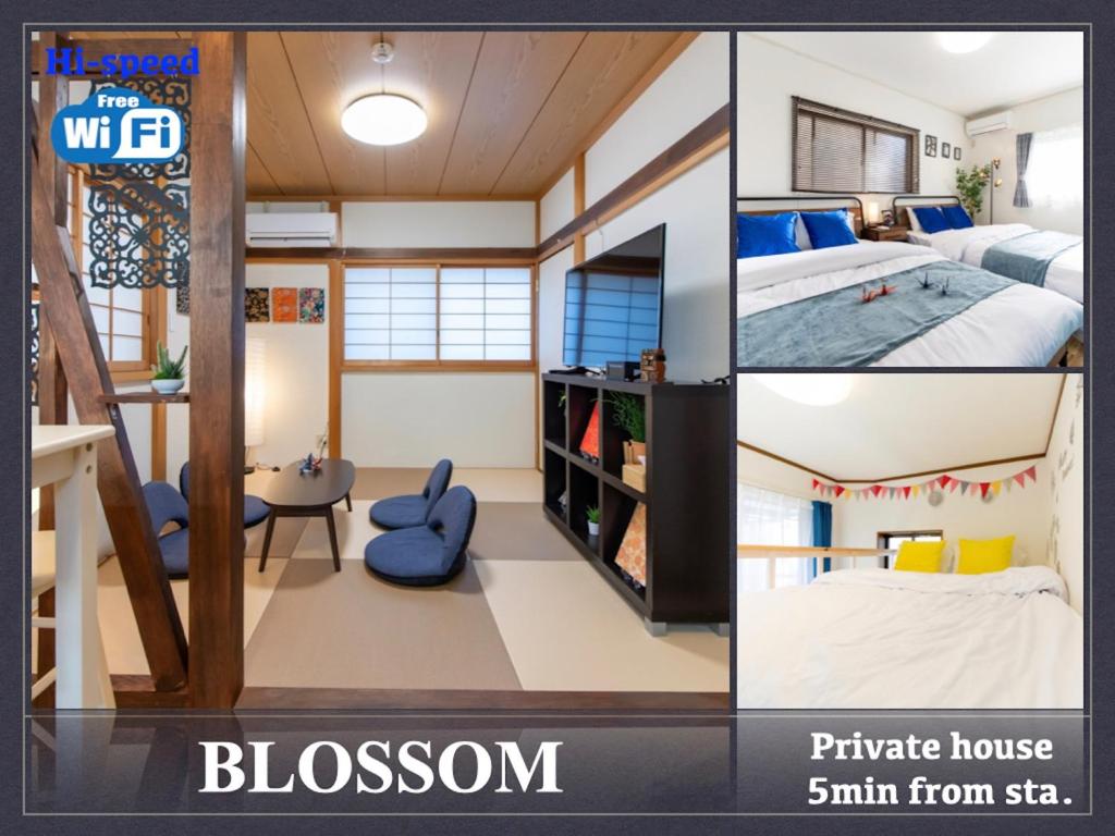 东京BLOSSOM - Vacation STAY 37307v的一张带一张床和一张书桌的卧室的照片拼在一起