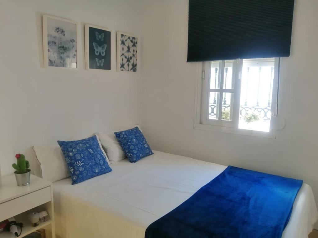 圣费尔南多Room in Lovely cottage house Habitaciones en Chalet en Cadiz San Fernando的一间卧室配有一张带蓝色枕头的床和一扇窗户。
