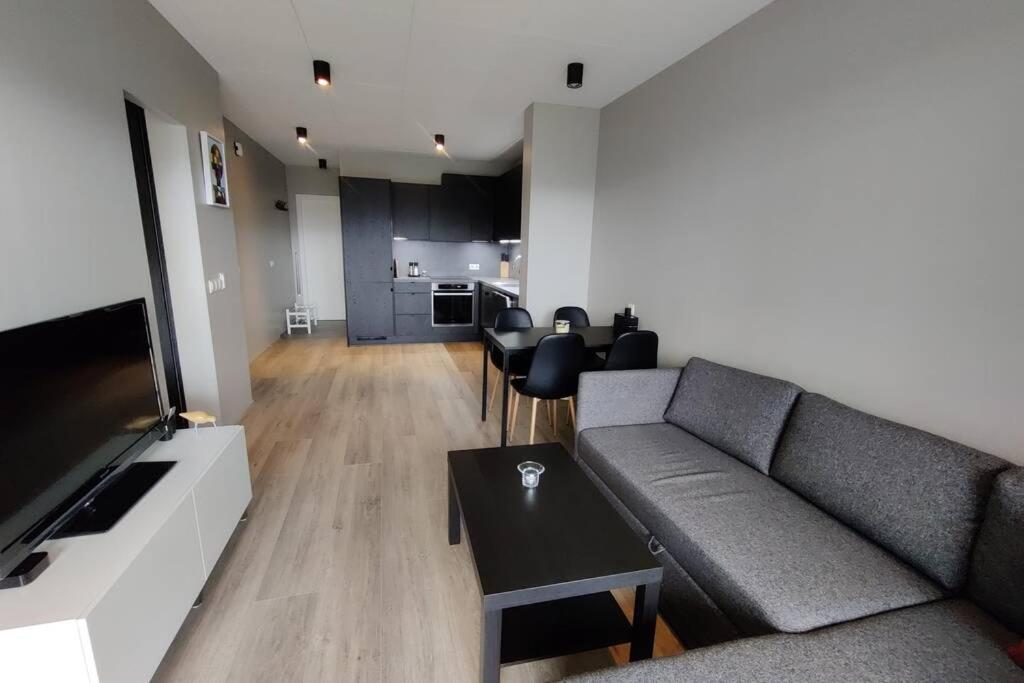 阿克雷里Geirþrúðarhagi one bedroom apartment的客厅配有沙发和桌子
