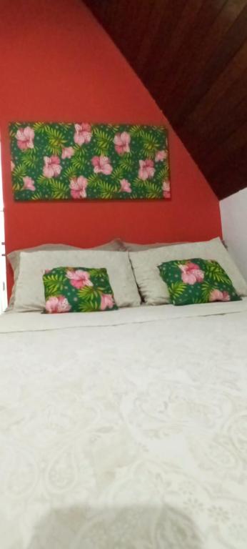 雅卡雷伊Chalé Rancho Aratama的一张带两个枕头和红色墙壁的床