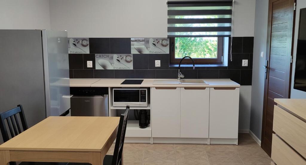 ŁokcioweApartamenty Oaza-Spokoju的厨房配有白色橱柜、水槽和桌子