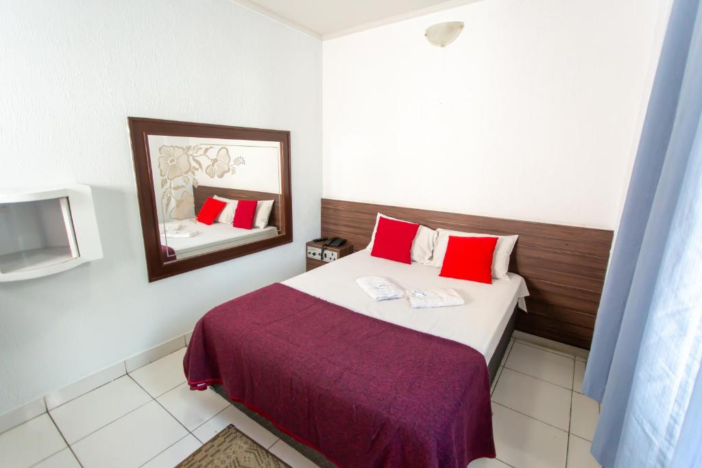 奥萨斯库Hotel Cambará - By UP Hotel的一间卧室配有一张带红色枕头和镜子的床