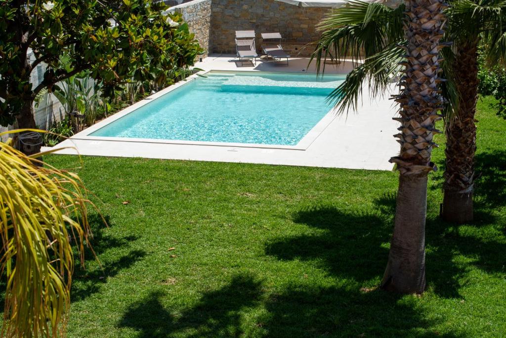 圣塔马里亚迪卡斯特Villa Rosa Residence的棕榈树庭院中的游泳池
