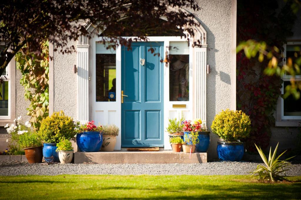 莫纳汉Lynster House的房子前面有盆栽的蓝色门