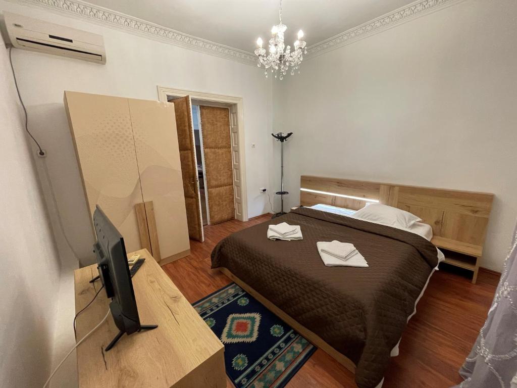 康斯坦察Villa Dumbrava Rosie的一间卧室配有一张床和一张桌子上的电视