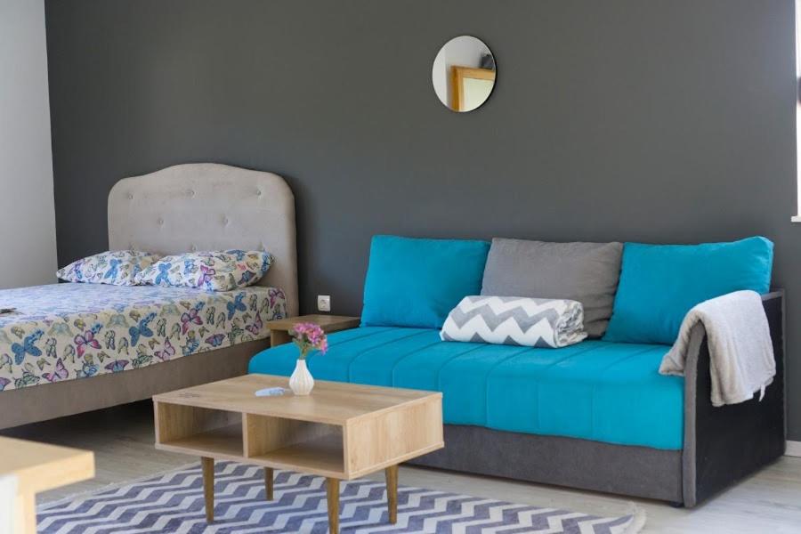 特雷比涅Apartments Ena的客厅配有蓝色的沙发和桌子
