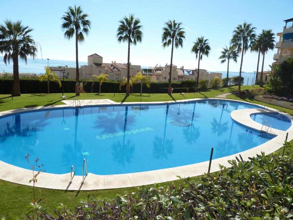 贝纳尔马德纳滨海赌场酒店的一座棕榈树环绕的大型游泳池