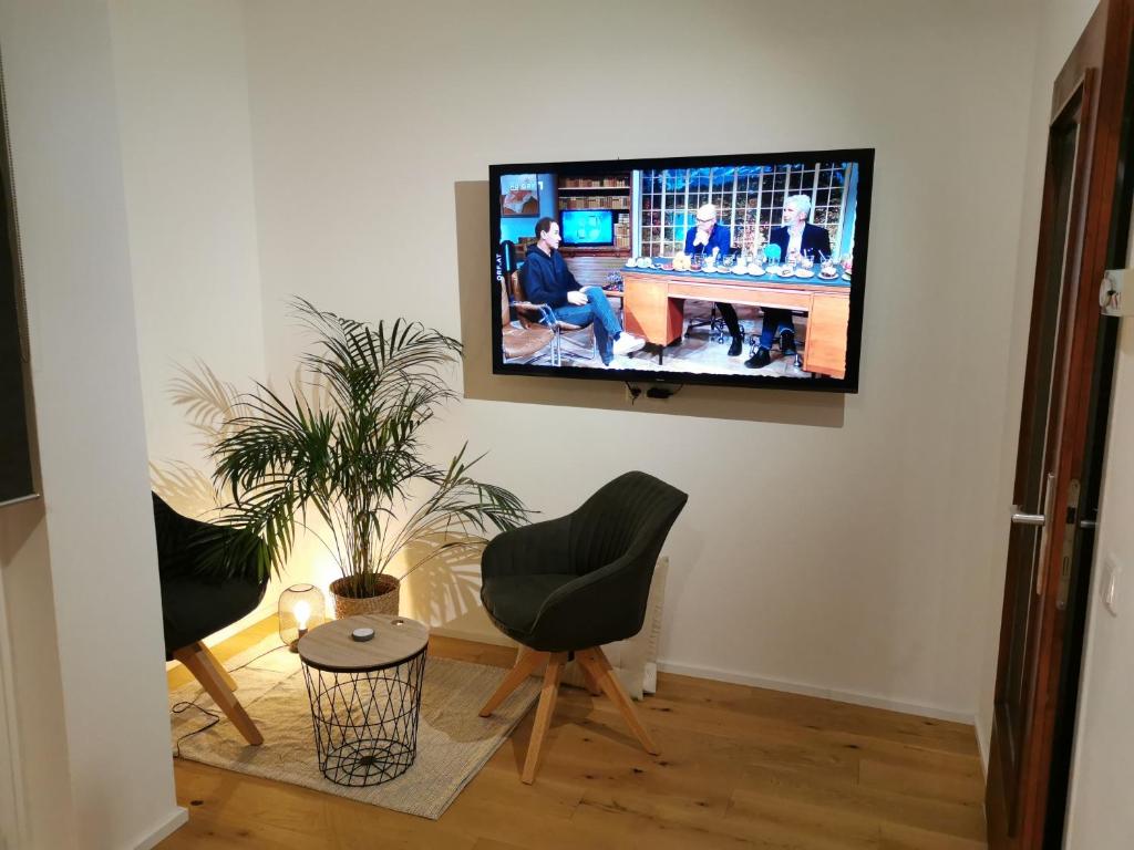 格拉茨Citycenter Apartment Stadthalle的客厅设有壁挂式平面电视。