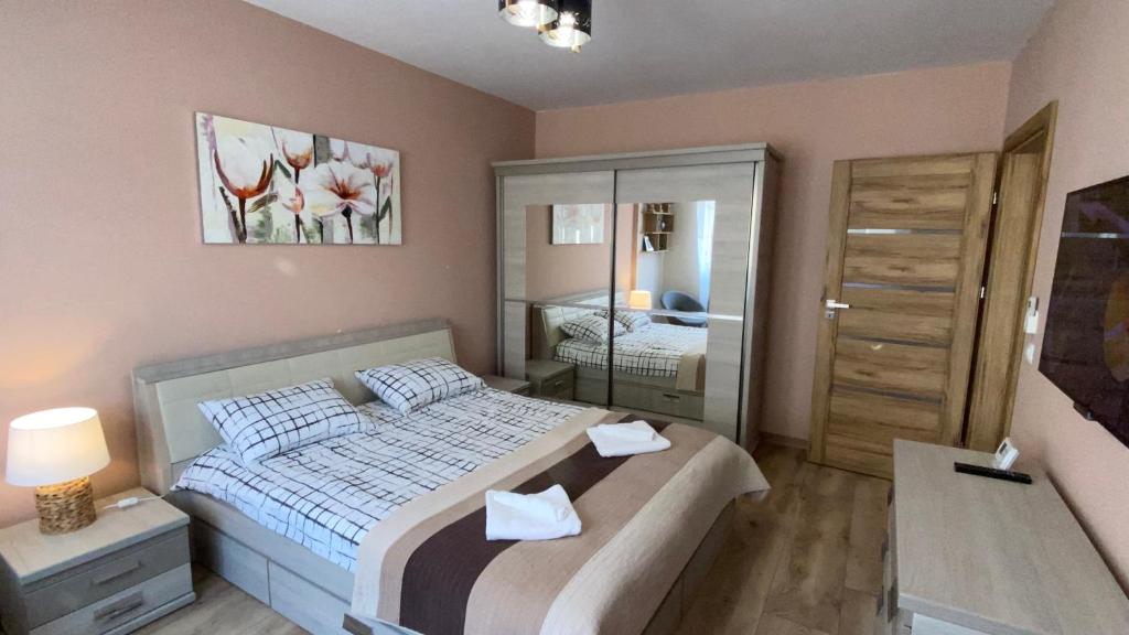萨图马雷Katy Boulevard Apartman的一间小卧室,配有一张床和镜子