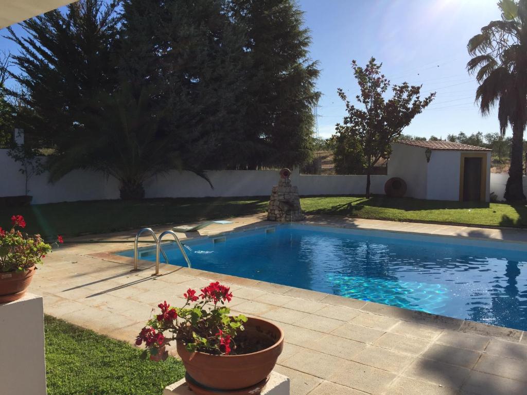 布朗库堡Moinho de Vento (CASA DE MADEIRA)的院子里鲜花盛开的游泳池