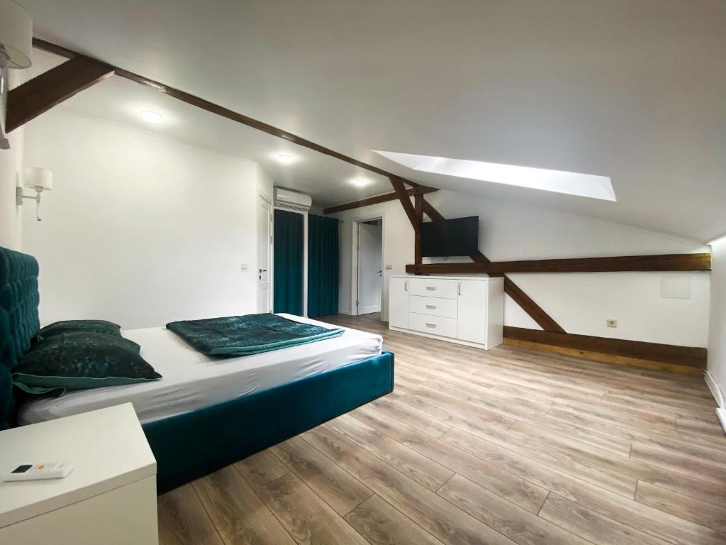伊万诺-弗兰科夫斯克Мансардні апартаменти в центрі міста的一间卧室配有一张床和一台电视。