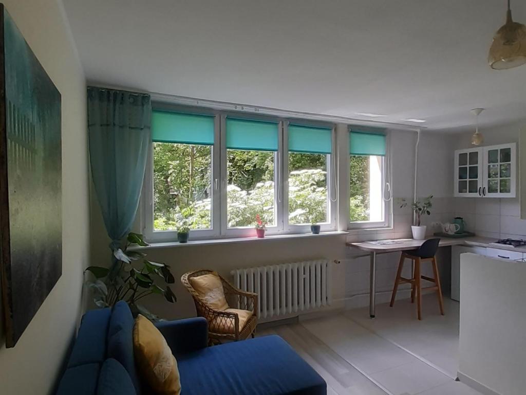 蒂黑Global Trip Apartament的客厅设有蓝色的沙发和一些窗户。