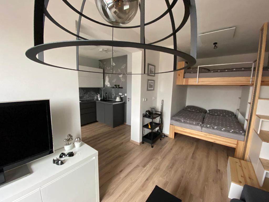 米库洛夫Apartmán Domenica 404的客厅配有一张床和一个大吊灯