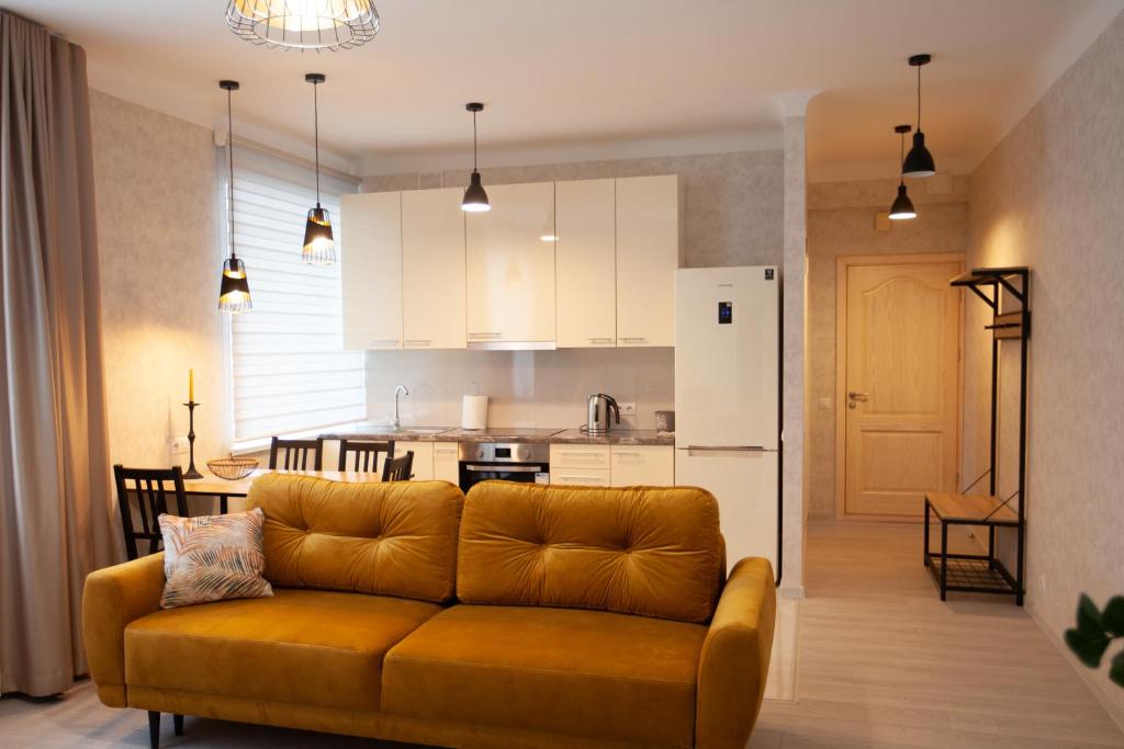 林巴日Centra apartamenti Elīza的带沙发的客厅和厨房