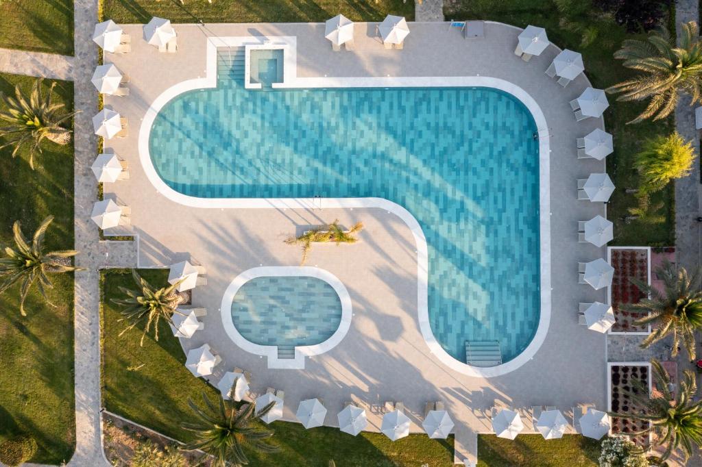 马尔马里Hotel Esperia的享有棕榈树游泳池的顶部景致