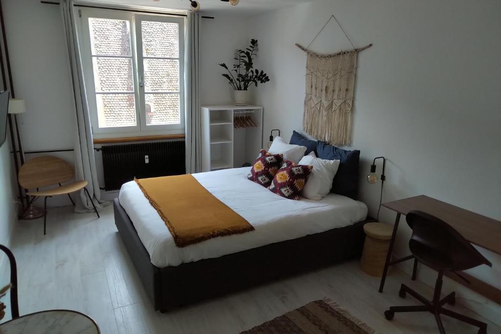 斯特拉斯堡Appartement Spacieux et Cosy - Strasbourg Centre的一间卧室配有一张床和一张书桌