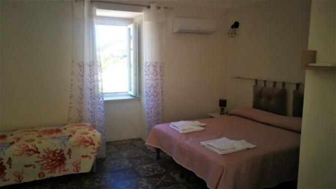 蓬扎Visitponza - La casa di Eolo的一间卧室设有两张床和窗户。