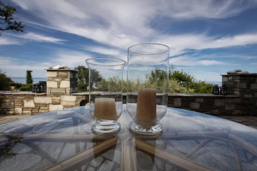 霍里顿Aegean's Whispery Seafront Villa的两个空玻璃杯坐在玻璃桌旁