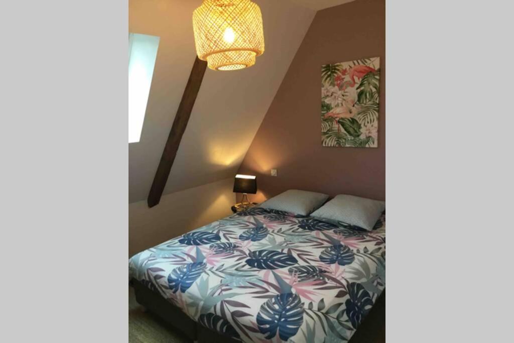维特雷Appartement dans maison de 1789 au centre de Vitré的一间卧室配有一张床和一盏灯