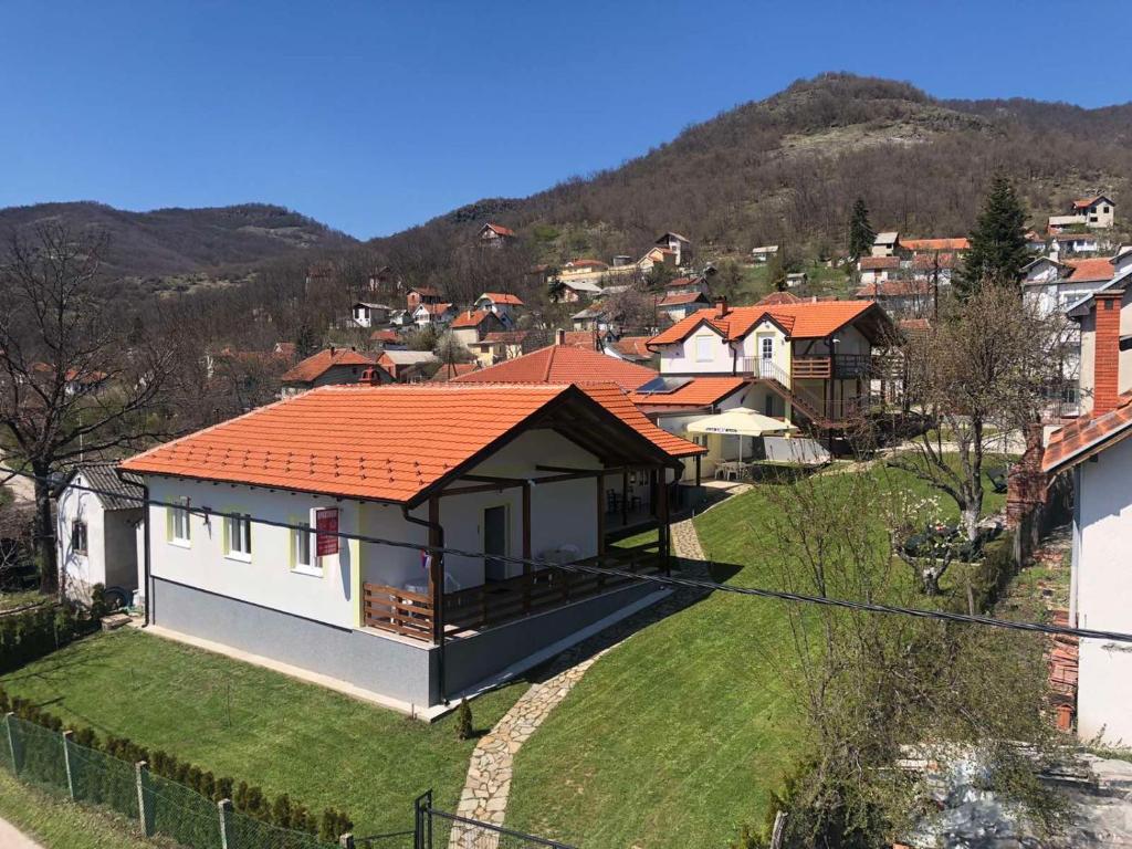 Prolomska BanjaVila Zdravković Prolom Banja的山坡上一座带橙色屋顶的小房子