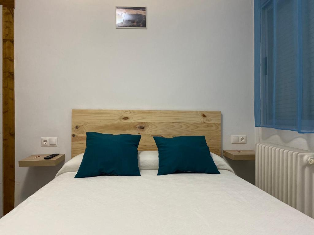 里奥帕尔Hostal Grimaldos的一间卧室配有一张带两个蓝色枕头的床