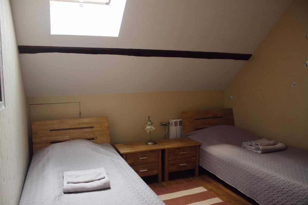 沃鲁Mõisa Ait Katusekorter的带窗户的客房内设有两张单人床。