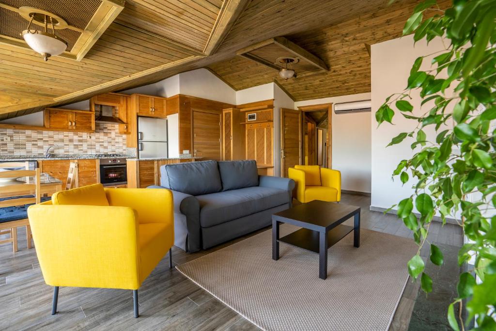 阿奇亚卡XOX Apart Hotel的客厅配有黄色椅子和沙发