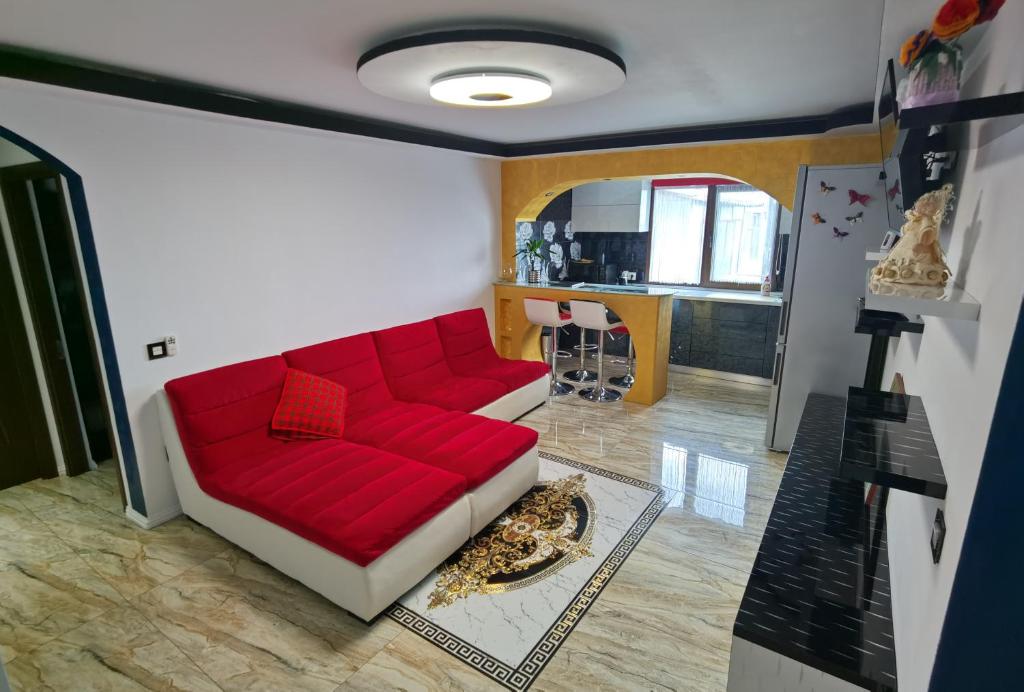 茹里洛夫卡Apartament Mara的一间带红色沙发的客厅和一间厨房