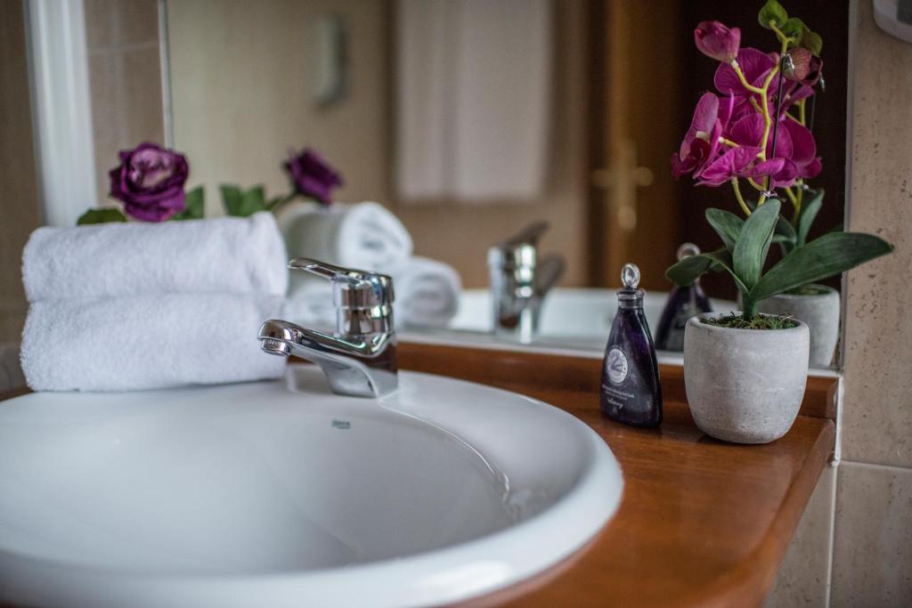 埃尔希耶戈埃西耶格别墅酒店的浴室设有水槽、镜子和鲜花