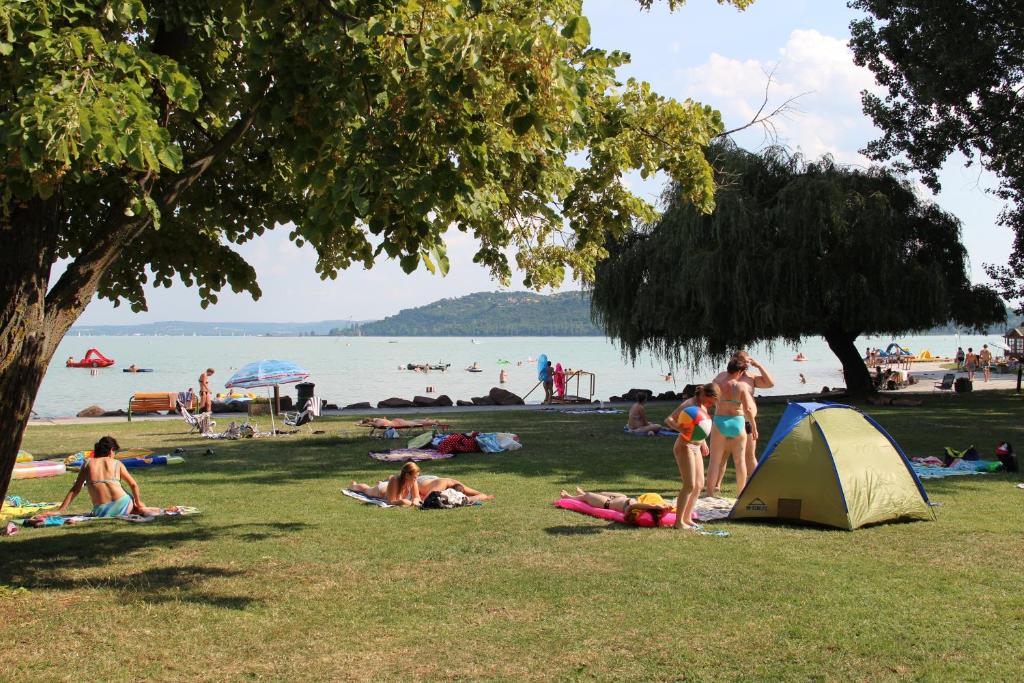 巴拉顿菲赖德Happy Camp mobile homes in BalatonTourist Füred Camping & Bungalows的一群人躺在海滩上的草地上