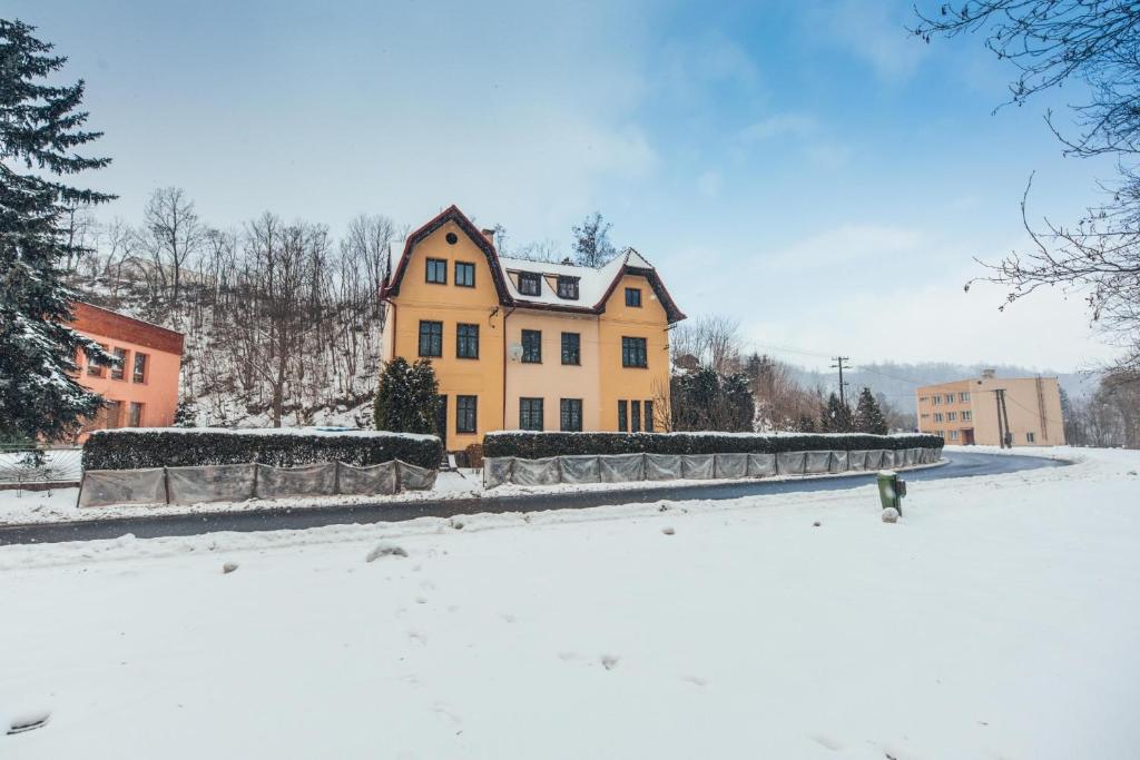 HoštejnSchupplerova vila的雪中一个大黄色房子,有院子