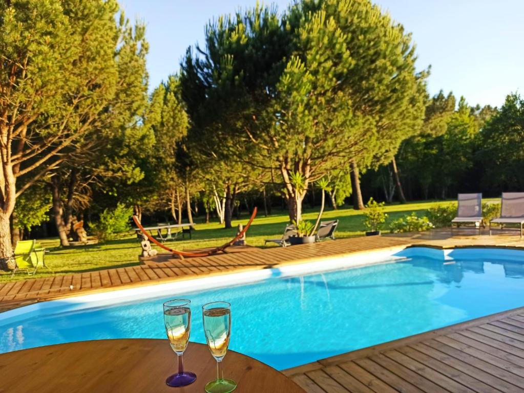 Saint-Ciers-dʼAbzac莱斯品派杜斯住宿加早餐旅馆的两杯酒坐在游泳池旁的桌子上