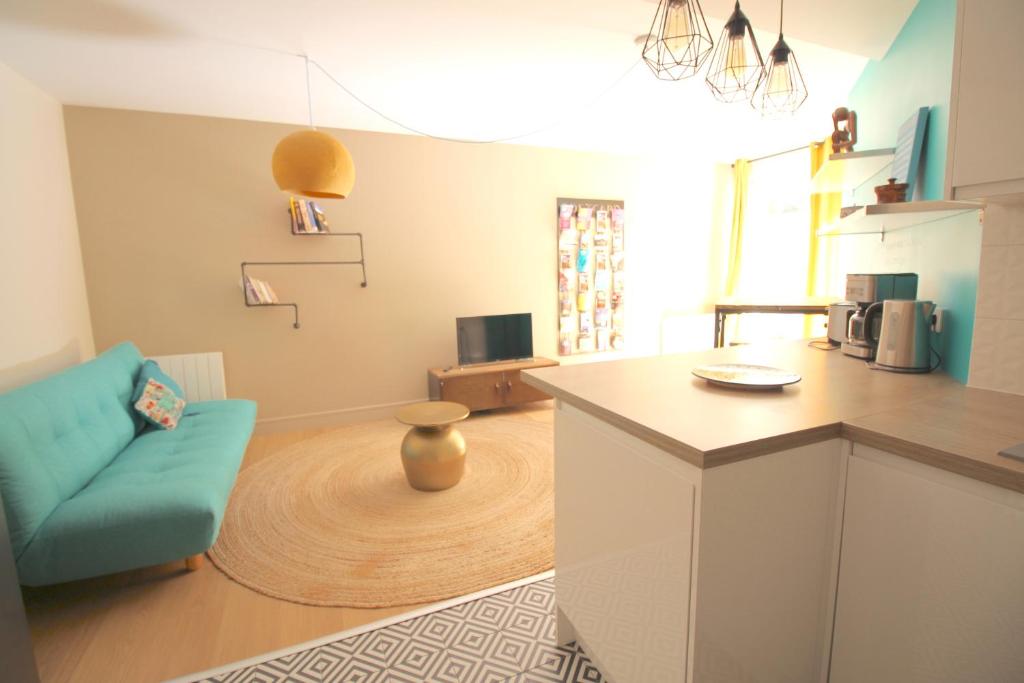 里昂Mon Appart A VILLON-MONPLAISIR的一个带柜台的厨房和一张蓝色沙发
