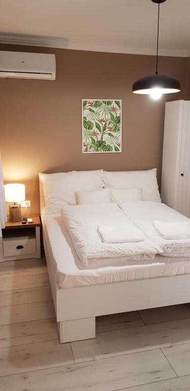 凯斯特海伊Rigó Apartman的一张大白床,位于带灯的房间