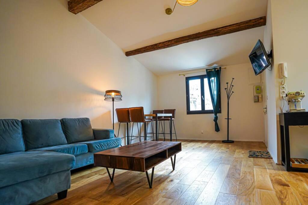 蒙彼利埃Le petit Corum - HH的客厅配有蓝色的沙发和桌子