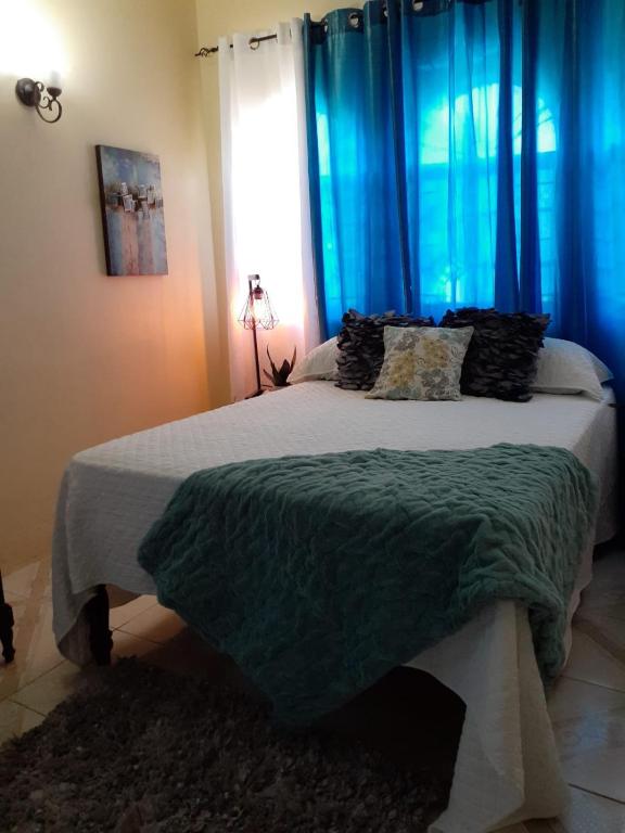 Spanish TownClarke's Luxurious Private Suite的一间卧室配有一张带蓝色窗帘的大床