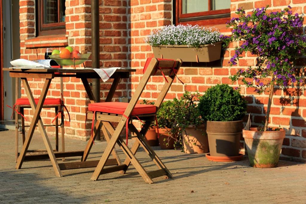 伊普尔B&B Laurus的木椅,坐在桌子旁,种有植物