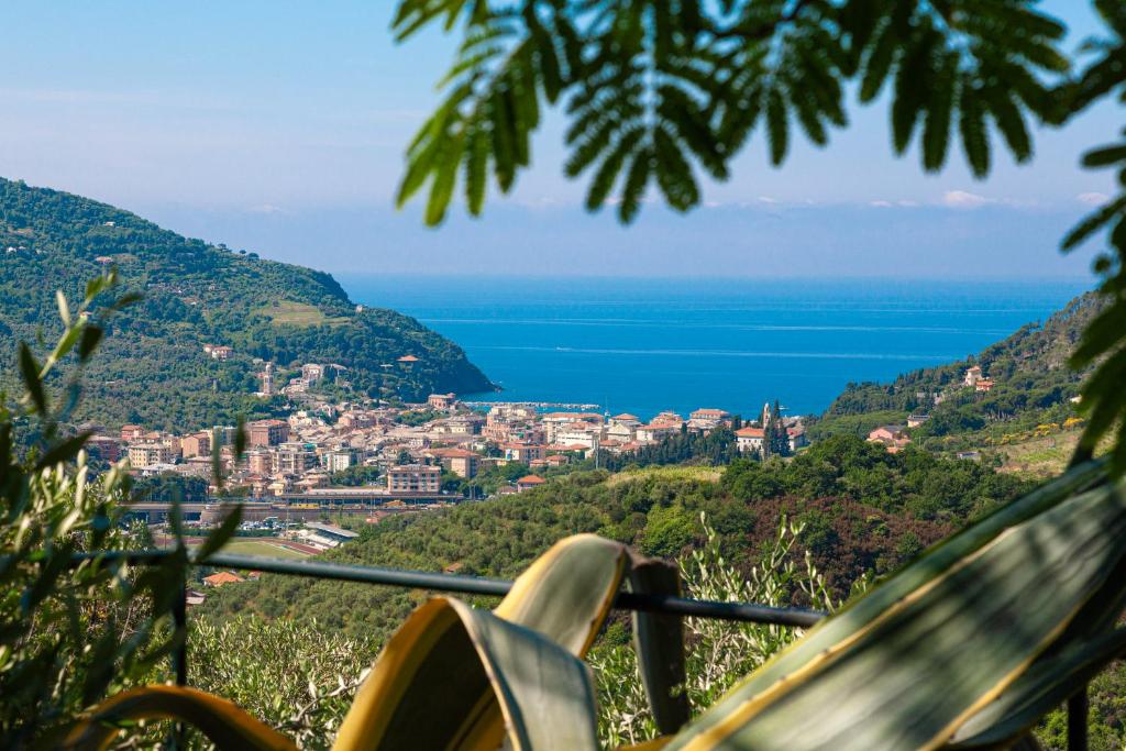 MontaleVilla dell'Erta - Levanto的坐在俯瞰大海的小山上的长椅