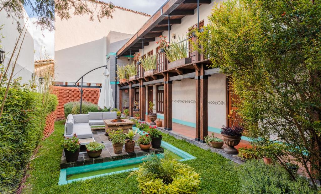 圣克里斯托瓦尔-德拉斯卡萨斯Yox Hotel Boutique的一个带游泳池和植物的公寓庭院