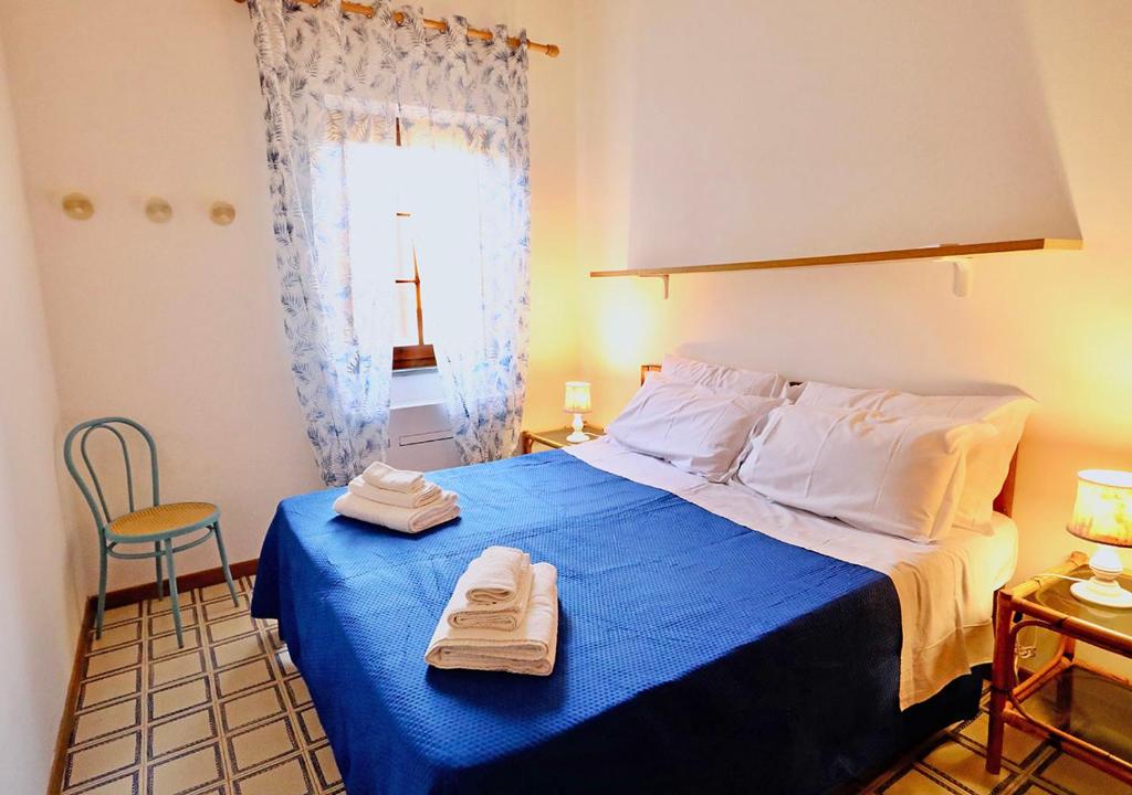 斯廷蒂诺Casa Nanni - 50 mt dal mare的一间卧室配有蓝色的床和2条毛巾