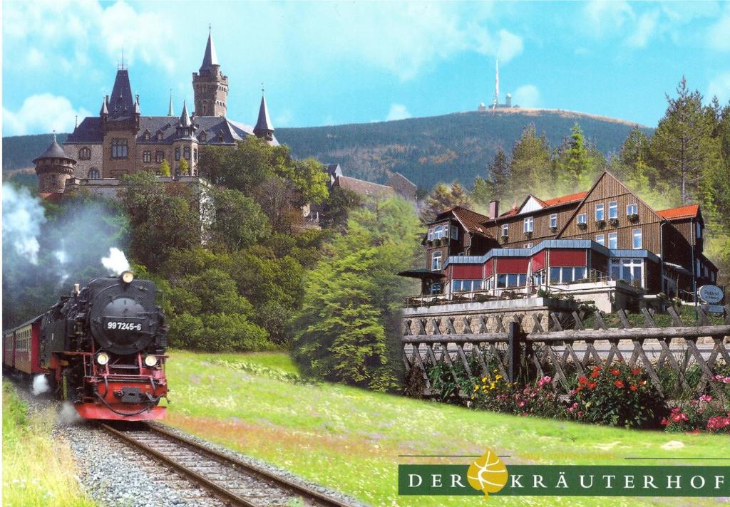 韦尼格罗德德尔卡特豪弗酒店的沿着城堡前的轨道行驶的蒸汽火车