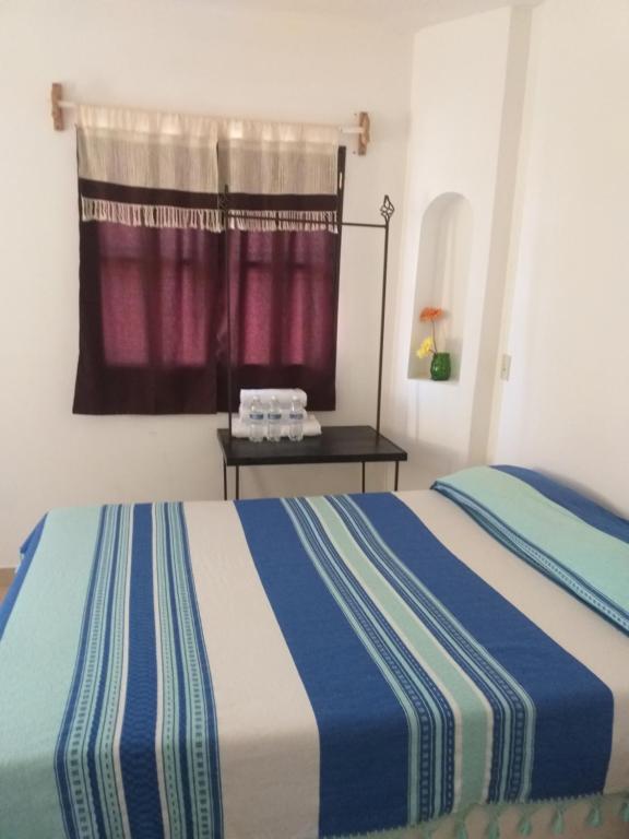 洛雷托Loreto La Regional的卧室配有蓝色和白色的床和窗户。