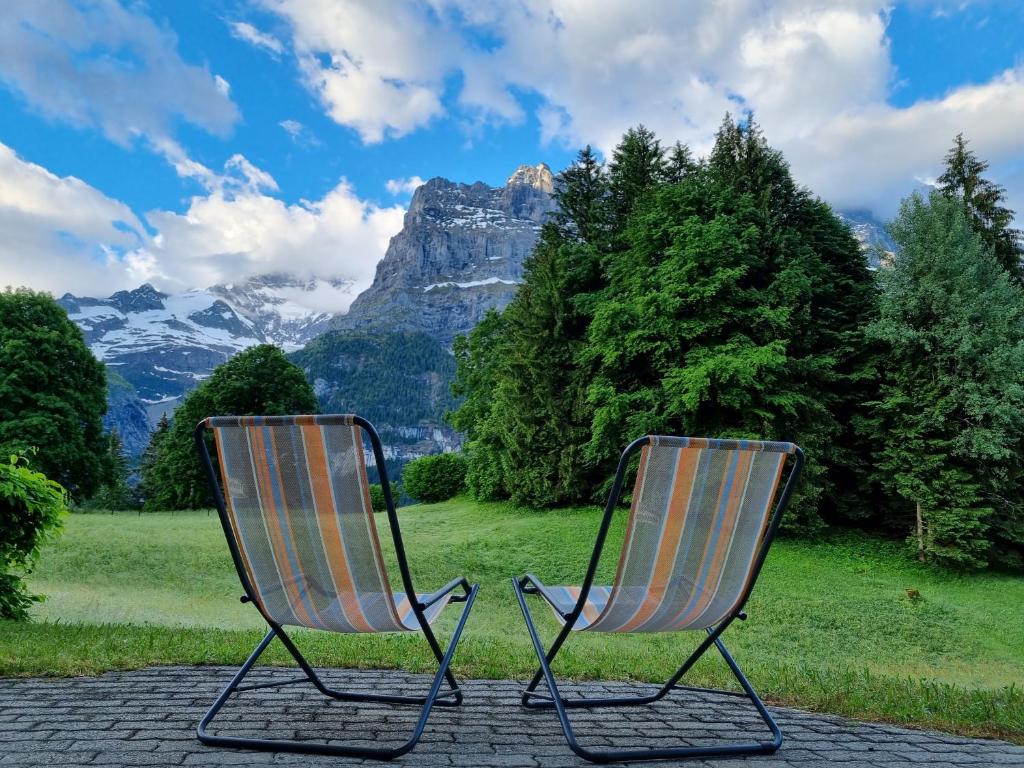 格林德尔瓦尔德MOM - Alpine Boutique Apartments, Grindelwald gletscher, Eiger View Terrace Studio的两把椅子在山前,彼此相邻